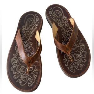 OluKai Brown Sandals with Thong Strap and Decorative Sole
